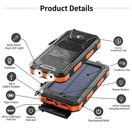 Portable Solar Power Bank, Dual Charging Ways Solar & USB Charging, Built‑in Bright LED Flashlight and Compass, Emergency Backup Power for Home, Travel and Outdoor Use, Perfect for Power Outages