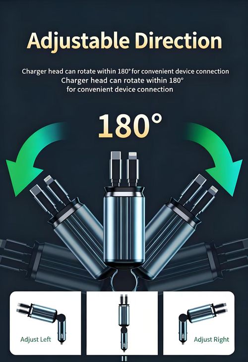 120W Super Fast Car Charger With Dual Retractable Cables 4‑Port Car Phone Charger 180 Degree Rotation Colorful Ambient Light Alloy Body For All Smartphones