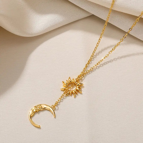 Gold Plated Sun Moon Y‑Shape Pendant Necklace, Trendy Adjustable Chain Necklace, Non‑Tarnish 。Elegant sun and moon design necklace. Smooth gold‑plated finish, comfortable to wear. Perfect for daily outfit, party occasions and as a nice gift for ladies.Fashion Jewelry for Women Daily Wear & Gift