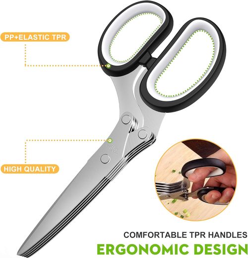 (2pcs)-5 Blade Herb Scissors Kitchen Herb Shears Cutter Multipurpose Cutting Shear with 5 Stainless Steel Blades & Safety Cover & Cleaning Comb Salad Sizzors Cilantro Chive Parsley Onion Scissors (Black Red)