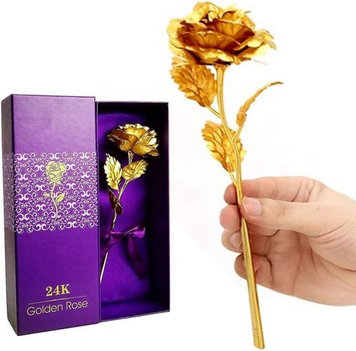 10in 24K Gold Foil Artificial Rose Flower, 24K Golden Rose Birthday Gift with Gift Box (Gold 1 Pack)