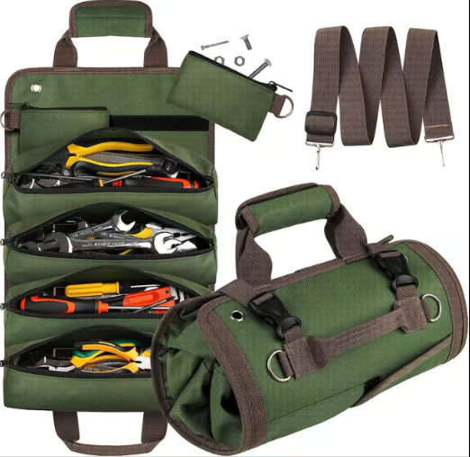 Portable Foldable Roll Up Tool Bag, Heavy Duty Tool Organizer Bag with 5 Compartments & 2 Detachable Pouches for Tools Storage, Waterproof Tool Roll Bag for Dad Men Electrician Gifts
