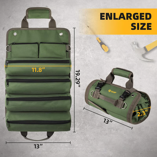 Portable Foldable Roll Up Tool Bag, Heavy Duty Tool Organizer Bag with 5 Compartments & 2 Detachable Pouches for Tools Storage, Waterproof Tool Roll Bag for Dad Men Electrician Gifts