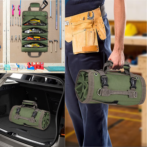 Portable Foldable Roll Up Tool Bag, Heavy Duty Tool Organizer Bag with 5 Compartments & 2 Detachable Pouches for Tools Storage, Waterproof Tool Roll Bag for Dad Men Electrician Gifts