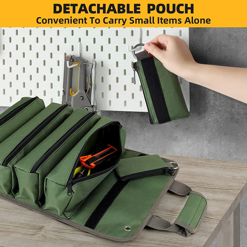 Portable Foldable Roll Up Tool Bag, Heavy Duty Tool Organizer Bag with 5 Compartments & 2 Detachable Pouches for Tools Storage, Waterproof Tool Roll Bag for Dad Men Electrician Gifts