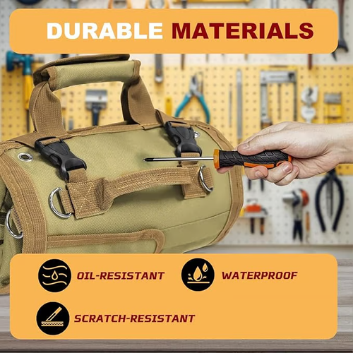 Portable Foldable Roll Up Tool Bag, Heavy Duty Tool Organizer Bag with 5 Compartments & 2 Detachable Pouches for Tools Storage, Waterproof Tool Roll Bag for Dad Men Electrician Gifts