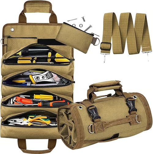 Portable Foldable Roll Up Tool Bag, Heavy Duty Tool Organizer Bag with 5 Compartments & 2 Detachable Pouches for Tools Storage, Waterproof Tool Roll Bag for Dad Men Electrician Gifts
