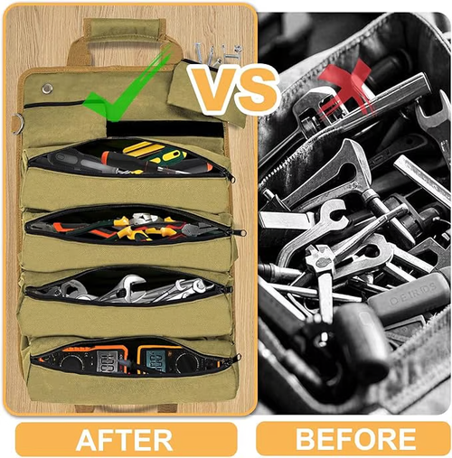 Portable Foldable Roll Up Tool Bag, Heavy Duty Tool Organizer Bag with 5 Compartments & 2 Detachable Pouches for Tools Storage, Waterproof Tool Roll Bag for Dad Men Electrician Gifts