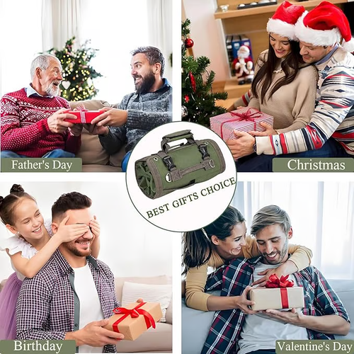 Portable Foldable Roll Up Tool Bag, Heavy Duty Tool Organizer Bag with 5 Compartments & 2 Detachable Pouches for Tools Storage, Waterproof Tool Roll Bag for Dad Men Electrician Gifts