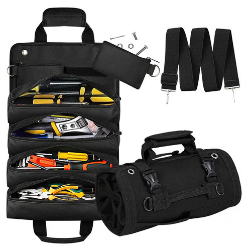 Portable Foldable Roll Up Tool Bag, Heavy Duty Tool Organizer Bag with 5 Compartments & 2 Detachable Pouches for Tools Storage, Waterproof Tool Roll Bag for Dad Men Electrician Gifts
