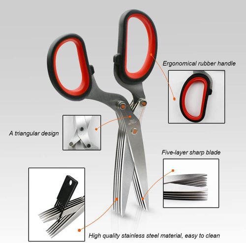 (2pcs)-5 Blade Herb Scissors Kitchen Herb Shears Cutter Multipurpose Cutting Shear with 5 Stainless Steel Blades & Safety Cover & Cleaning Comb Salad Sizzors Cilantro Chive Parsley Onion Scissors (Black Red)
