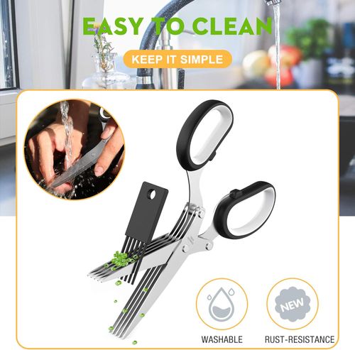 (2pcs)-5 Blade Herb Scissors Kitchen Herb Shears Cutter Multipurpose Cutting Shear with 5 Stainless Steel Blades & Safety Cover & Cleaning Comb Salad Sizzors Cilantro Chive Parsley Onion Scissors (Black Red)