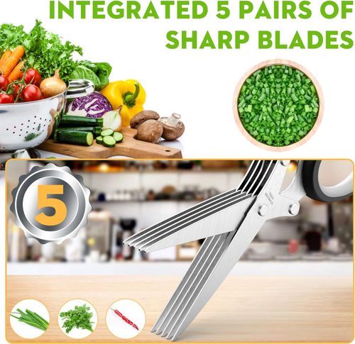 (2pcs)-5 Blade Herb Scissors Kitchen Herb Shears Cutter Multipurpose Cutting Shear with 5 Stainless Steel Blades & Safety Cover & Cleaning Comb Salad Sizzors Cilantro Chive Parsley Onion Scissors (Black Red)