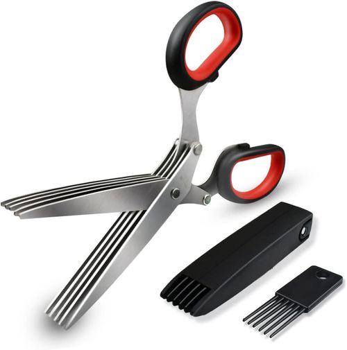 (2pcs)-5 Blade Herb Scissors Kitchen Herb Shears Cutter Multipurpose Cutting Shear with 5 Stainless Steel Blades & Safety Cover & Cleaning Comb Salad Sizzors Cilantro Chive Parsley Onion Scissors (Black Red)