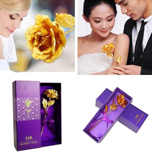 10in 24K Gold Foil Artificial Rose Flower, 24K Golden Rose Birthday Gift with Gift Box (Gold 1 Pack)