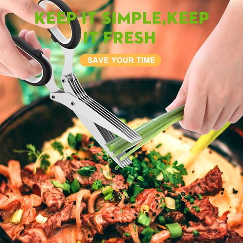 (2pcs)-5 Blade Herb Scissors Kitchen Herb Shears Cutter Multipurpose Cutting Shear with 5 Stainless Steel Blades & Safety Cover & Cleaning Comb Salad Sizzors Cilantro Chive Parsley Onion Scissors (Black Red)