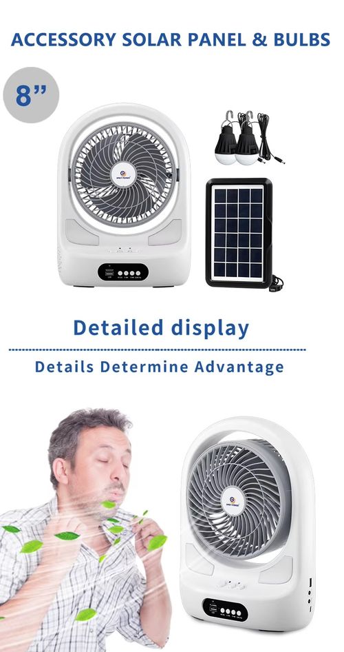 Portable BT Solar Fan for Camping Travel and Emergency Use with USB Charging Lithium Battery Rechargeable Fan