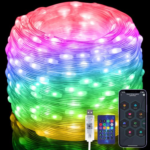 🔥Hot Seller🔥 COD！66-foot (approx. 20-meter) string lights, controlled via app and remote, featuring 200 LED bulbs, RGB smart IC multi-color string lights, suitable for indoor use, with music-synced color-changing effects, IP65 waterproof rating, ideal for bedrooms, parties, DIY projects, and more