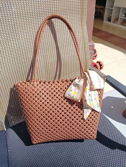 Handwoven Light Brown Tote Bag with Floral Scarf Accessory