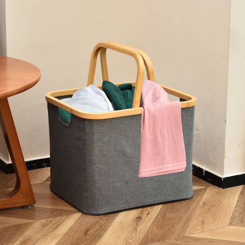 Folding storage basket with wooden handle