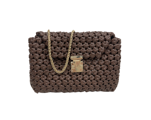 Elegant Dark Brown Woven Leather Messenger Bag with Gold Chain Strap