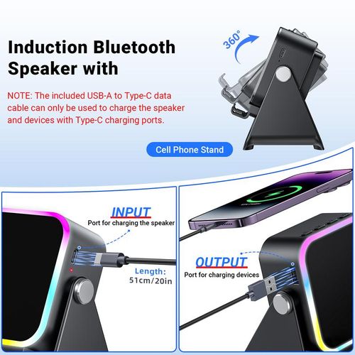 Wireless Induction Audio Speaker Stand, 5in1 Cellphone Holder, 3500mAh Rechargeable Emergency Power Bank
