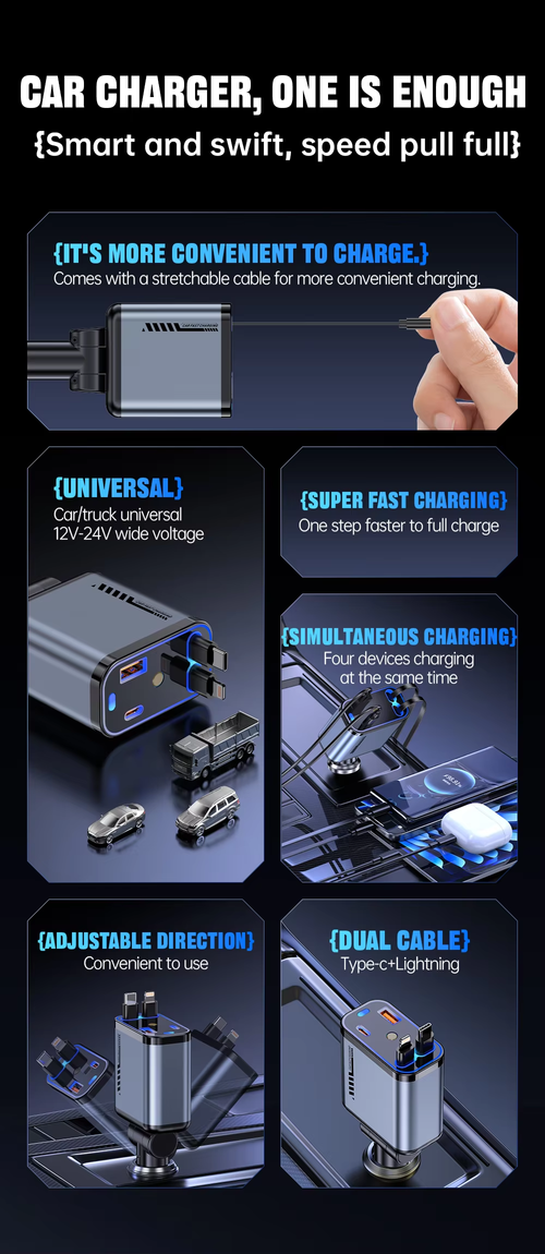 4in1 Car Charger Retractable Cables Star Light Fast Charging（Cash on delivery is supported）