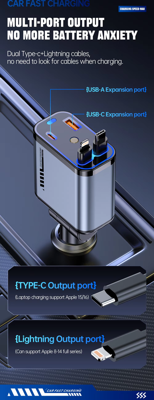 4in1 Car Charger Retractable Cables Star Light Fast Charging（Cash on delivery is supported）