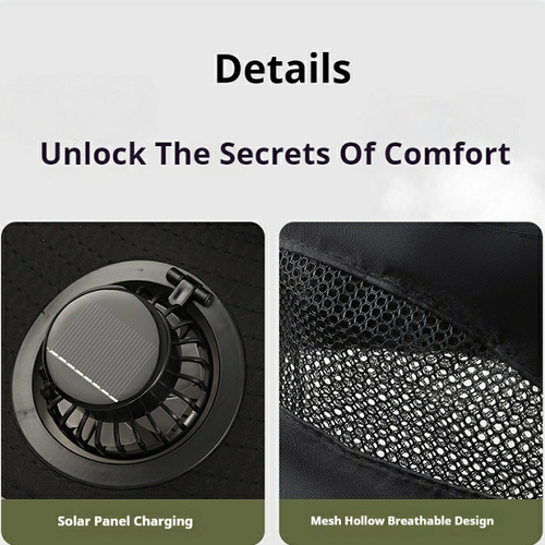 Ghana Solar Air Cool Sun Hat Fan cools head in 3s Wide brim blocks 99% UV Solar charge lasts all day Perfect for fishing outdoor work Beat hot sunburned days