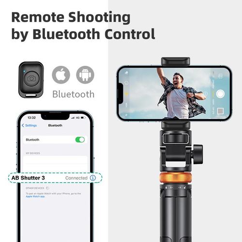 This phone tripod fits iPhone 16 15 14 13 and Android devices. It also acts as a selfie stick with a remote, paired with an upgraded stable stand.