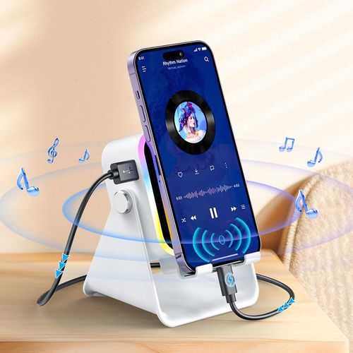 Wireless Induction Audio Speaker Stand, 5in1 Cellphone Holder, 3500mAh Rechargeable Emergency Power Bank
