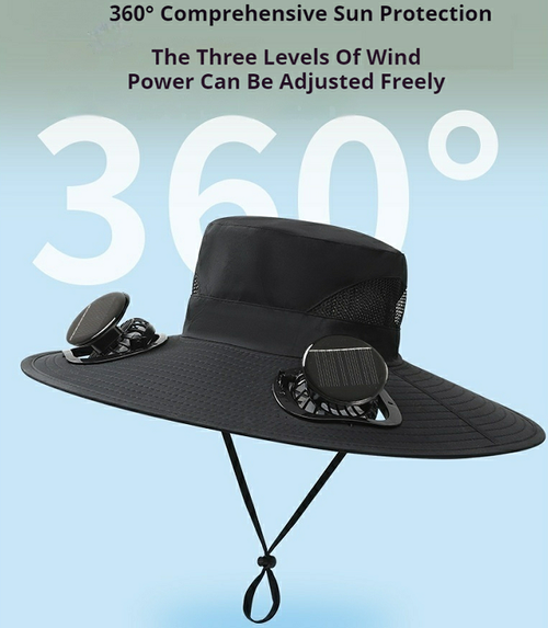 Ghana Solar Air Cool Sun Hat Fan cools head in 3s Wide brim blocks 99% UV Solar charge lasts all day Perfect for fishing outdoor work Beat hot sunburned days