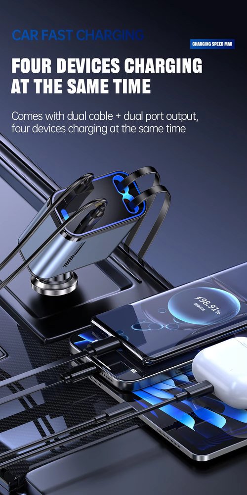 4in1 Car Charger Retractable Cables Star Light Fast Charging（Cash on delivery is supported）