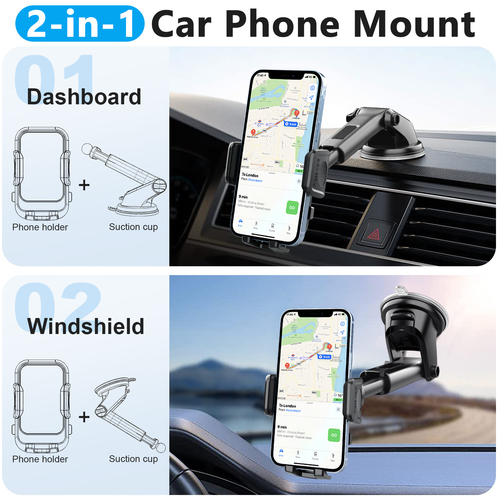 Car Suction Cup Phone Mount - Retractable Arm Dashboard Navigation Holder