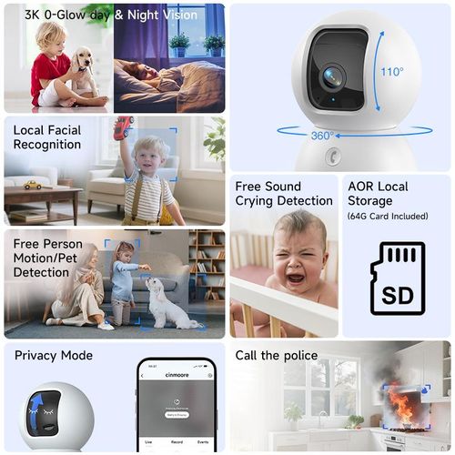 Christmas Big Sales CINMOORE 5MP 3K with 64GB storage card pet camera WiFi indoor security camera AI motion detection two-way audio night vision clear monitoring recording baby crying detection baby monitor camera for home 360 degree camera mini camera SD card ready