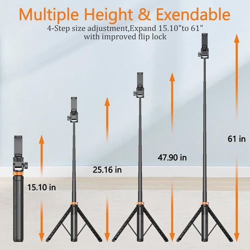 This phone tripod fits iPhone 16 15 14 13 and Android devices. It also acts as a selfie stick with a remote, paired with an upgraded stable stand.