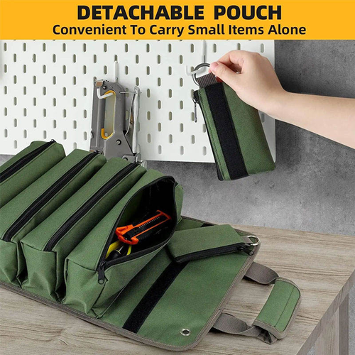 Heavy-Duty Tool Bag Set: Unisex Tool Webbing + Green Portable Roll-Up Pouch + Rolling Tool Organizer for Construction, Home Repair Workshop