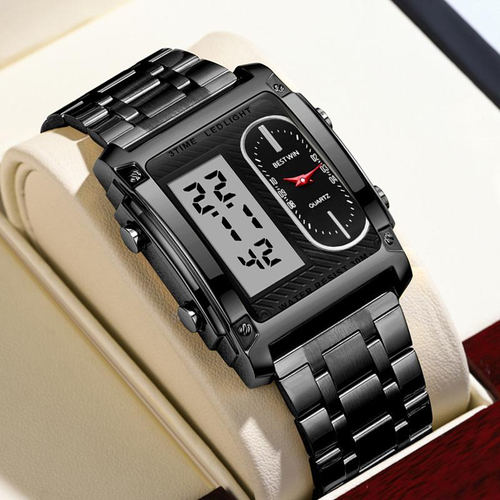 Men's Stainless Steel Band Watch – 3ATM Water-Resistant Alloy Digital Quartz Watch