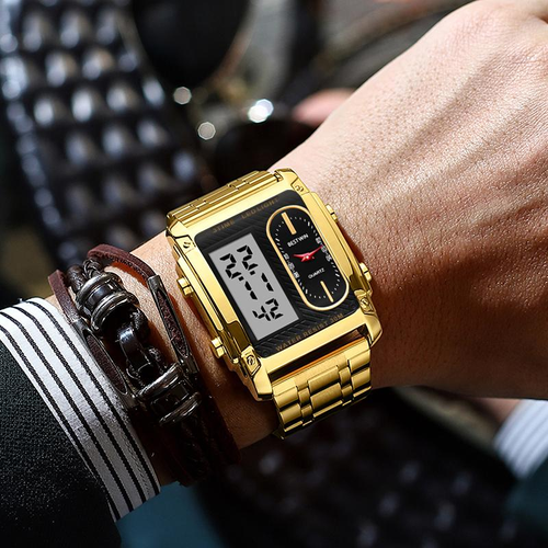 Men's Stainless Steel Band Watch – 3ATM Water-Resistant Alloy Digital Quartz Watch