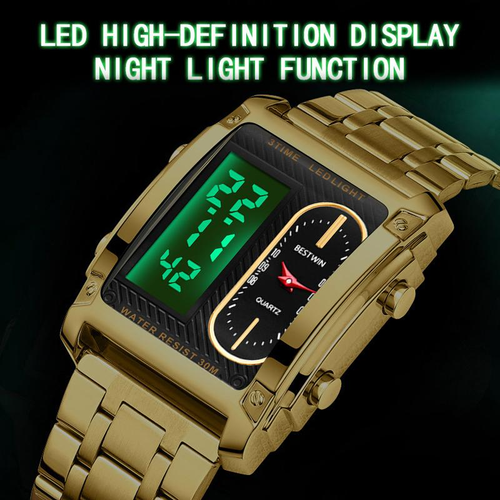 Men's Stainless Steel Band Watch – 3ATM Water-Resistant Alloy Digital Quartz Watch