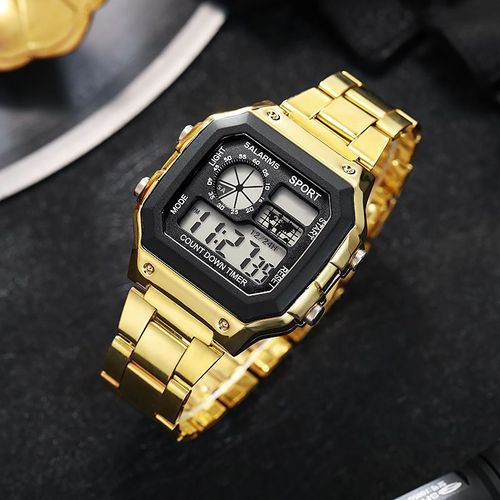 Gold Digital Sports Watch ⌚ Multifunction Stainless Steel Watch