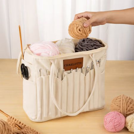 Personalized Large Canvas Yarn Storage Bag with Needle Pockets & Handle – Custom Monogram Crochet Knitting Organizer Gift for Craft Lovers