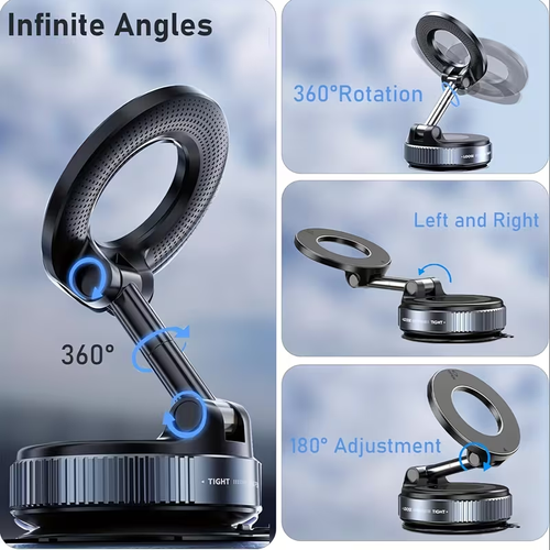 A 360° adjustable magnetic phone holder, suitable for car dashboards, compatible with iPhone 12 and later models.