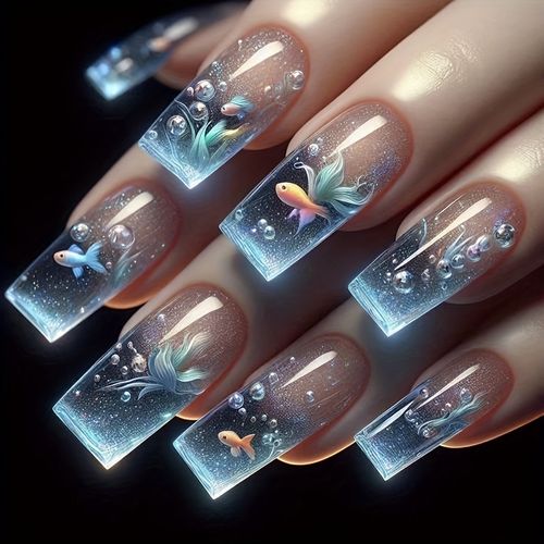 Ladies' False Nails in The Blue Series, Square And Long, with a Gradient Underwater Fish, Bubble, And Seaweed Pattern Design, Removable And Reusable.