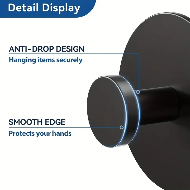 Adhesive Door Holder Hanger Shower Accessories, Matt Black Heavy Duty, 6 Pack