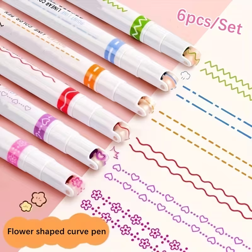 6 Flower-Shaped Outline Pens of Different Hairline Rule, with Lines of Different Curve Shapes, Stationery for Taking Notes, Marking Color Pencil