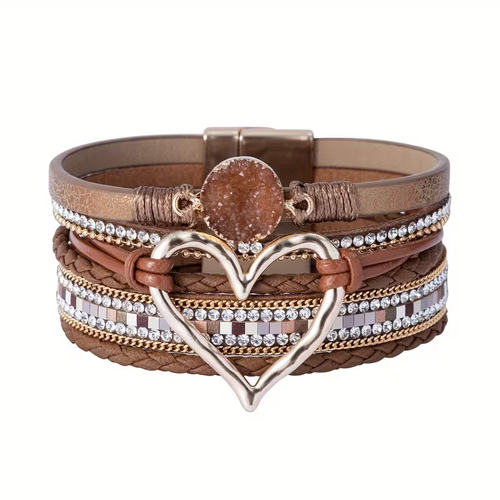 Bohemian Multi-Layer Imitate Faux Leather Bracelet Hand-Woven Bracelet Golden Big Heart Ladies Fashion Bracelet