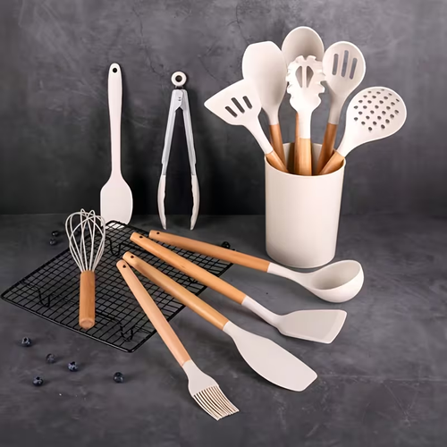 12pcs Silicone Cutlery with Storage Box: Non Stick, Heat-resistant, Easy to Clean, Equipped with Comfortable Wooden Handles, Perfect for Cooking and Baking, Ideal Gift for Valentine's Day, Easter, and Ramadan