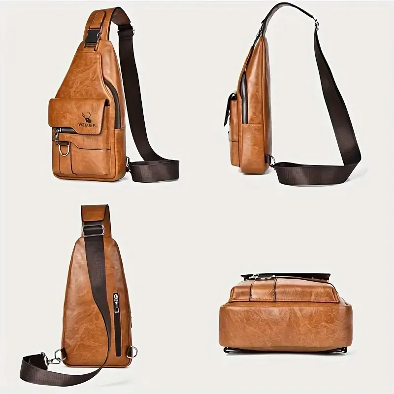 1 Men'S New Faux Leather Retro Casual Simple Chest Bag, Crossbody Large Capacity Multi Compartment Premium Men'S Crossbody Bag, Suitable For Carrying On The Go.