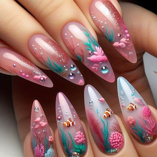 Ladies' False Nails in The Blue Series, Square And Long, with a Gradient Underwater Fish, Bubble, And Seaweed Pattern Design, Removable And Reusable.